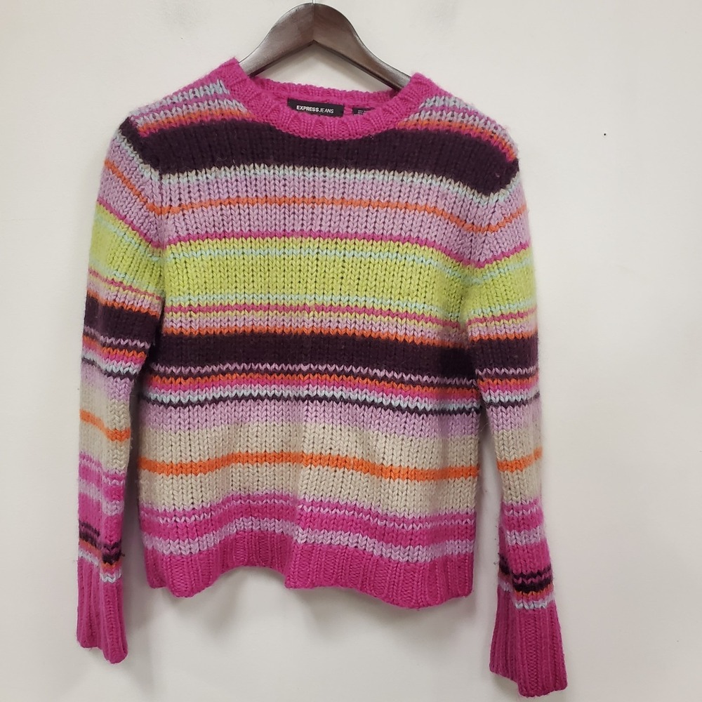 Vintage Express Womens Y2K Thick Chunky Multicolor‎ Striped Wool Sweater Size M